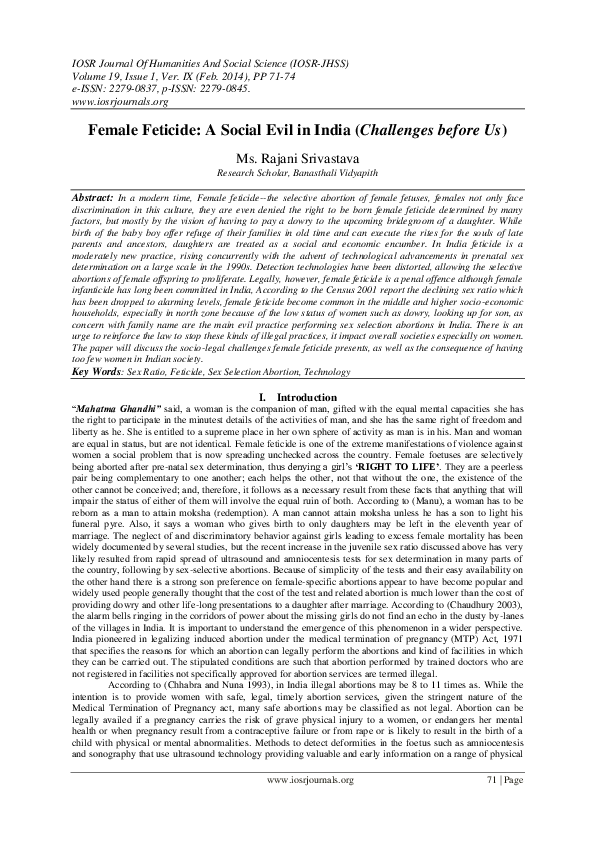 (PDF) Female Feticide: A Social Evil in India (Challenges before Us)