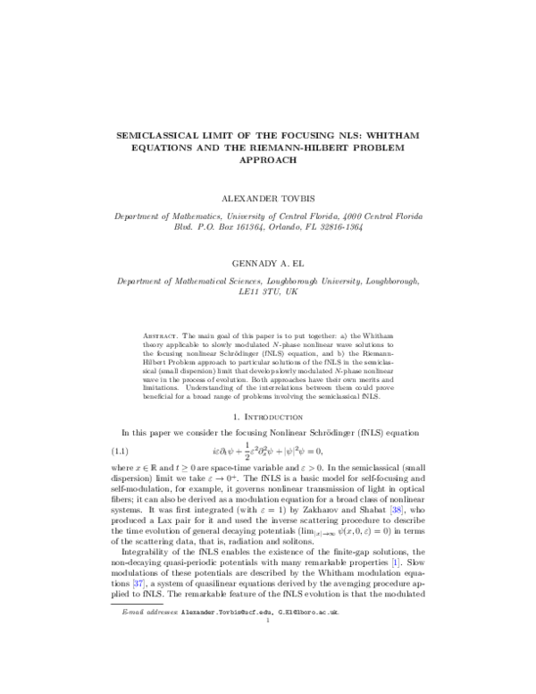 (PDF) Semiclassical limit of the focusing NLS: Whitham equations and ...