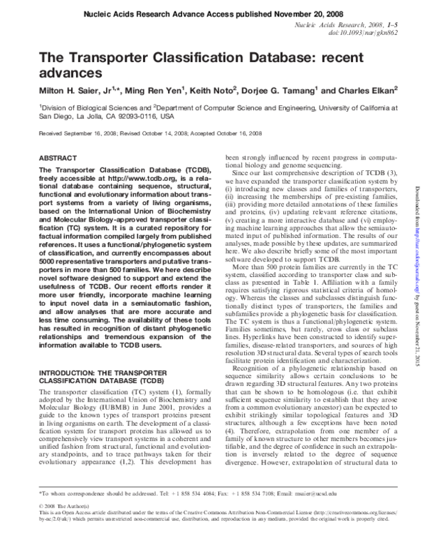 (PDF) The Transporter Classification Database: recent advances