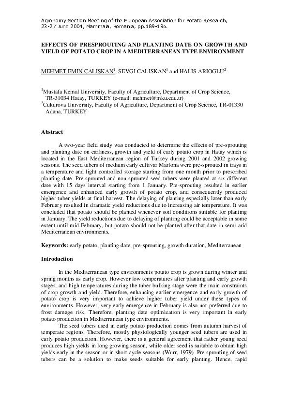 (PDF) Effects of Presprouting and Planting Date on Growth and Yield of ...