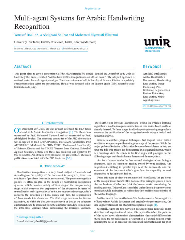(PDF) Multi-agent Systems for Arabic Handwriting Recognition