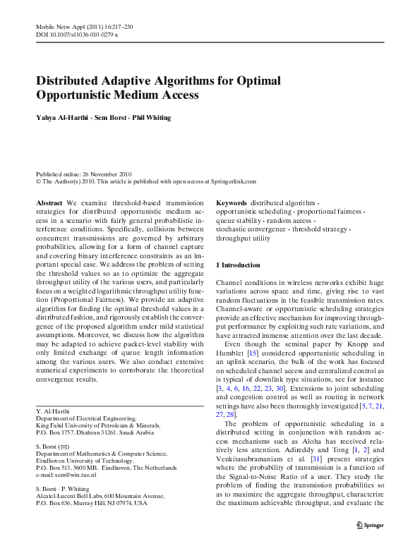 (PDF) Distributed Adaptive Algorithms for Optimal Opportunistic Medium ...