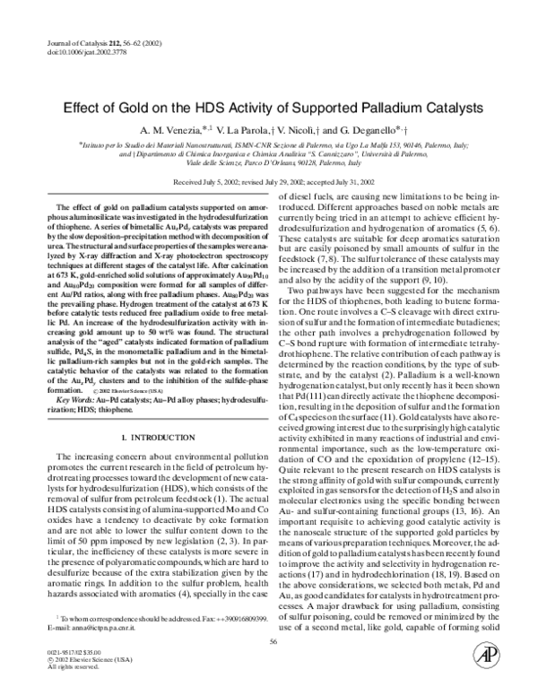 (PDF) Effect of gold on the HDS activity of supported palladium catalysts