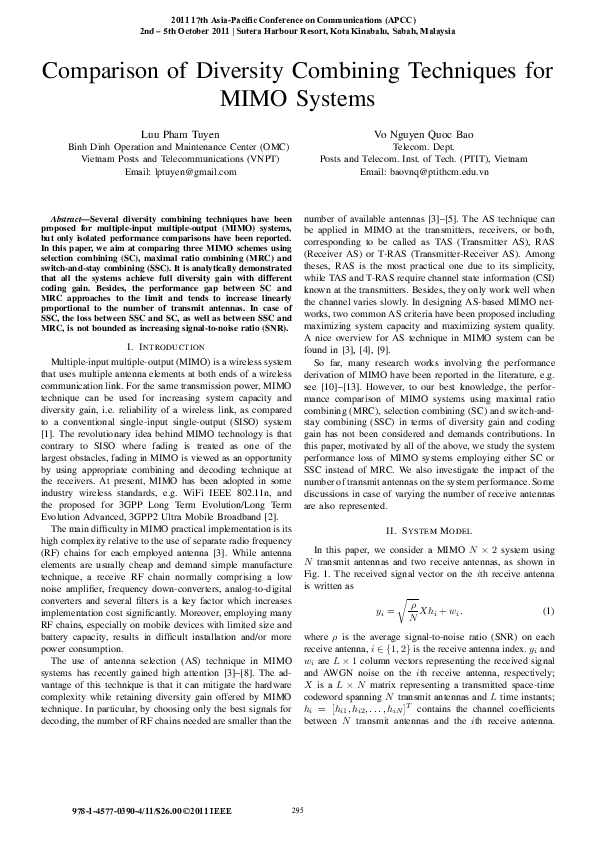 (PDF) Comparison of Diversity Combining Techniques for MIMO Systems