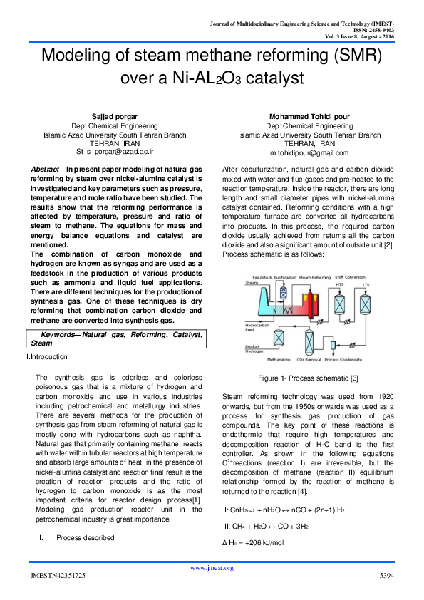(PDF) Modeling of steam methane reforming ( SMR ) over a NiAL 2 O 3 ...