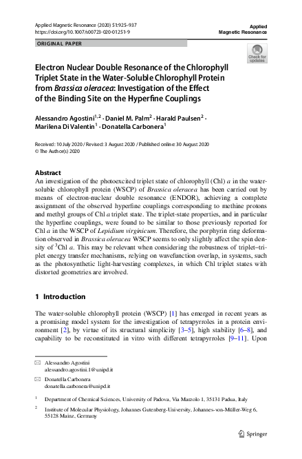 (PDF) Electron Nuclear Double Resonance of the Chlorophyll Triplet ...