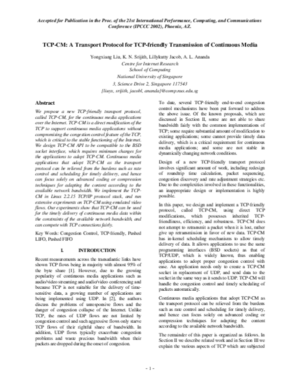 (PDF) TCP-CM: a transport protocol for TCP-friendly transmission of ...
