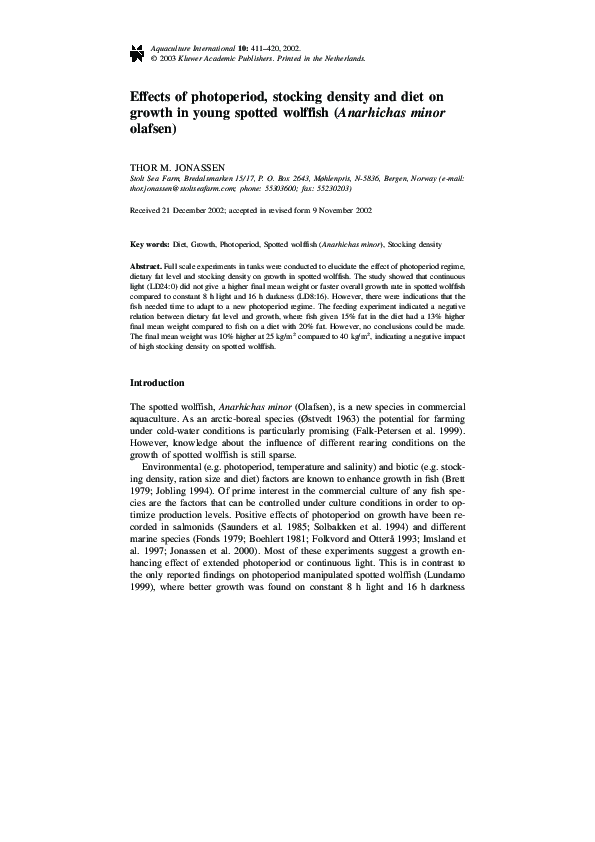 (PDF) Effects of photoperiod, stocking density and diet on growth in ...