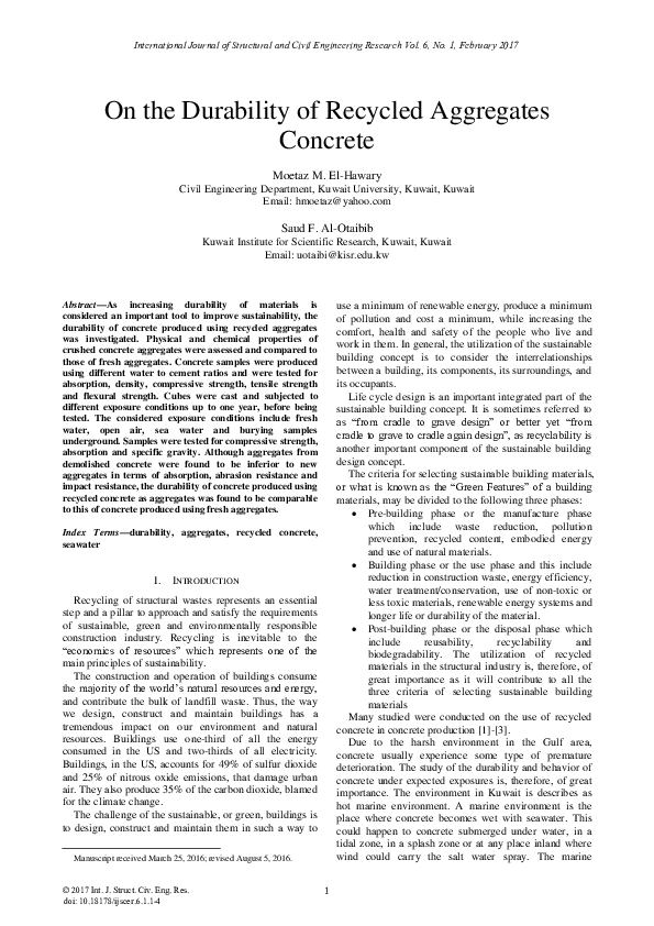 (PDF) On the Durability of Recycled Aggregates Concrete