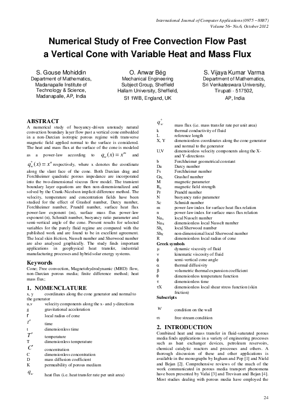 (PDF) Numerical Study of Free Convection Flow past a Vertical Cone with ...
