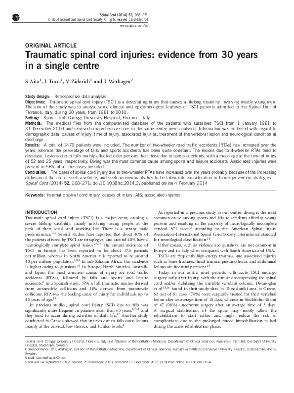 (PDF) Traumatic spinal cord injuries: evidence from 30 years in a ...
