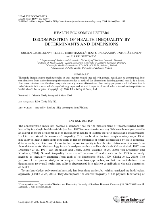 (PDF) Health Economics Letters Decomposition of Health Inequality by ...