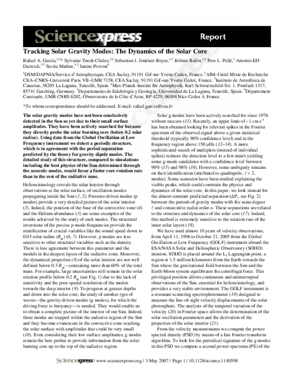 (PDF) Tracking solar gravity modes: the dynamics of the solar core