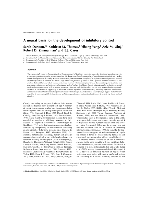 (PDF) A neural basis for the development of inhibitory control