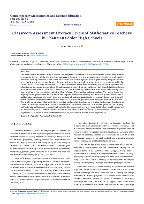 (PDF) Classroom Assessment Literacy Levels of Mathematics Teachers in ...