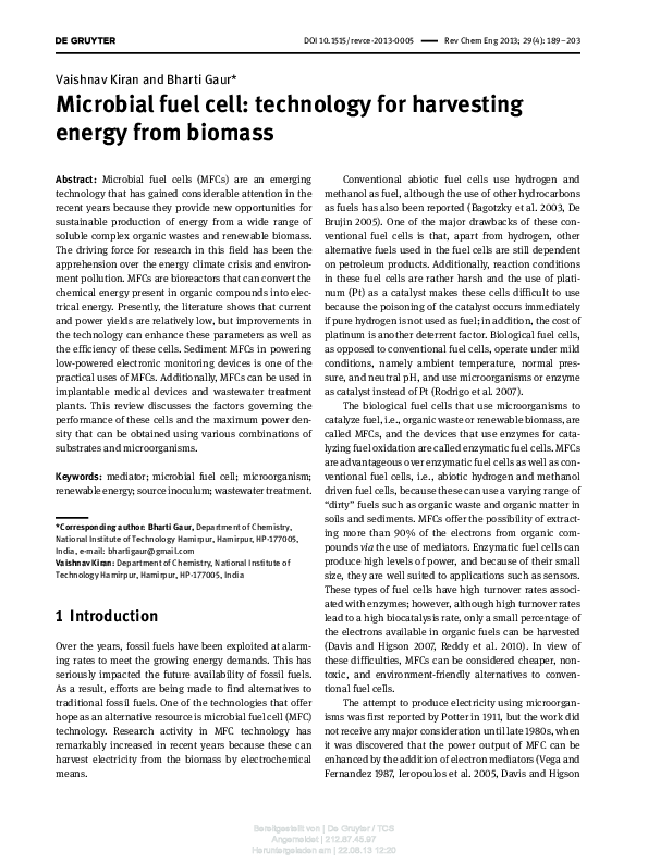 (PDF) Microbial fuel cell: technology for harvesting energy from biomass