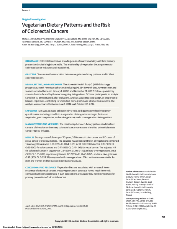 (PDF) Vegetarian Dietary Patterns and the Risk of Colorectal Cancers