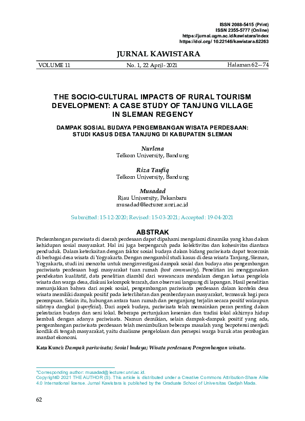 (PDF) The Socio-Cultural Impacts of Rural Tourism Development: A Case ...
