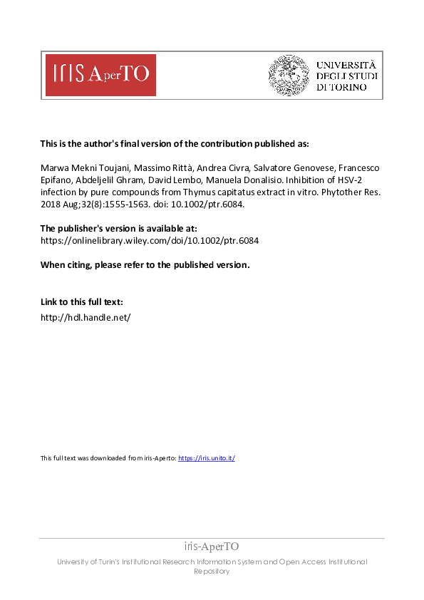 (PDF) Inhibition of HSV2 infection by pure compounds from Thymus capitatus extract in vitro