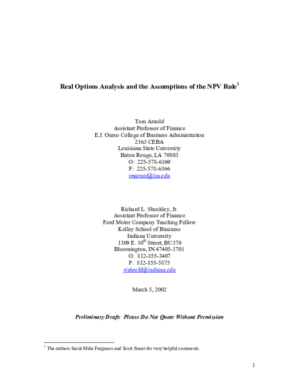 (PDF) Real options analysis and the assumptions of the NPV rule