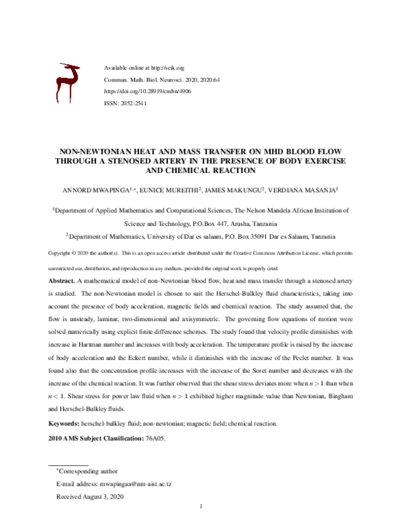 (PDF) Non-Newtonian heat and mass transfer on MHD blood flow through a ...