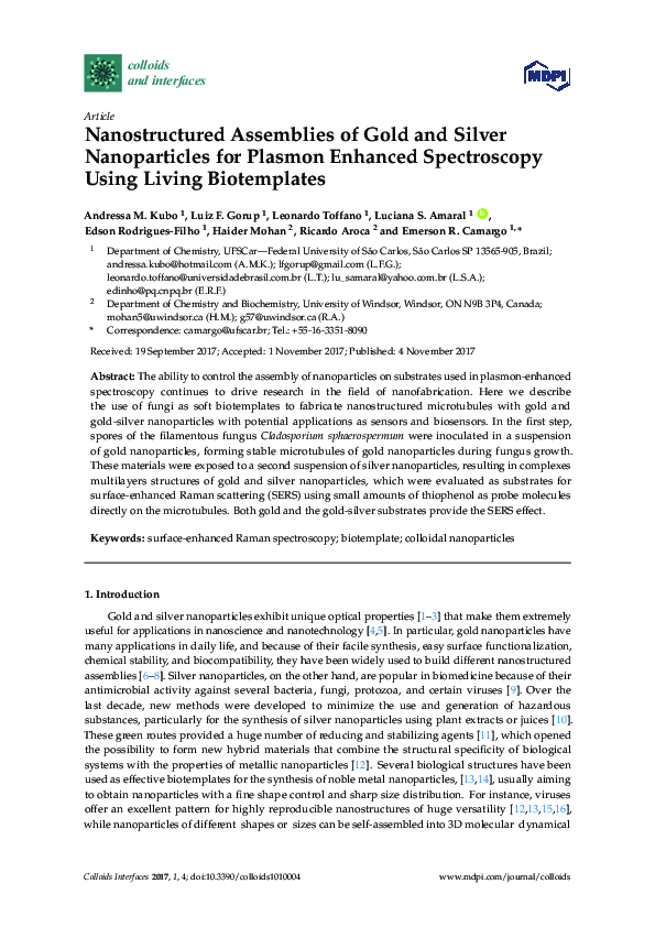 (PDF) Nanostructured Assemblies of Gold and Silver Nanoparticles for ...