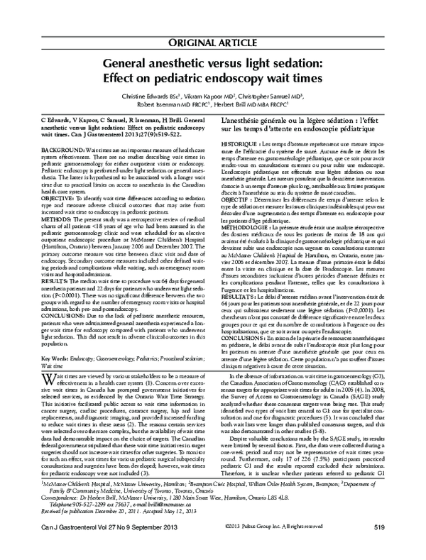 (PDF) General anesthetic versus light sedation effect on pediatric endoscopy wait times R