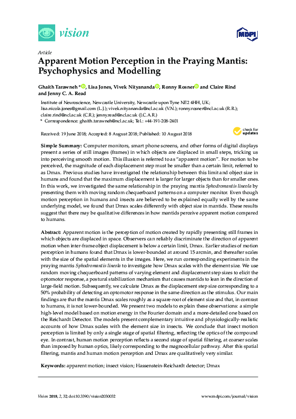 Apparent Motion Perception in the Praying Mantis: Psychophysics and ...