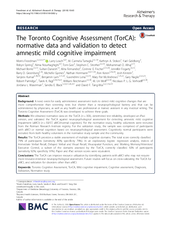 (PDF) The Toronto Cognitive Assessment (TorCA): normative data and ...