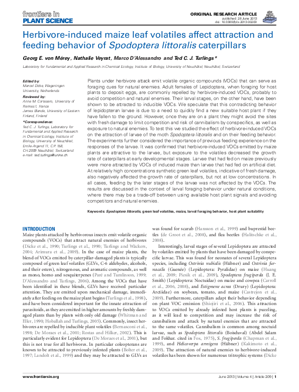 (PDF) Herbivore-induced maize leaf volatiles affect attraction and ...