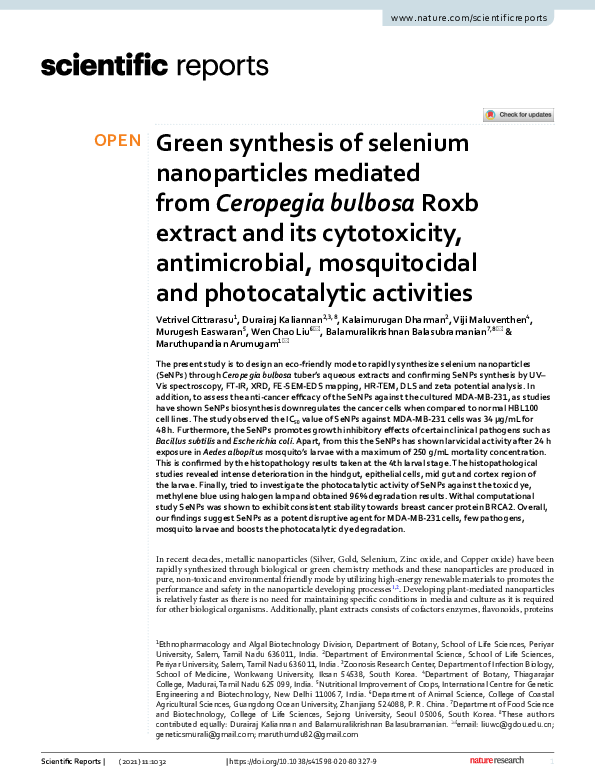 (PDF) Green synthesis of selenium nanoparticles mediated from Ceropegia ...
