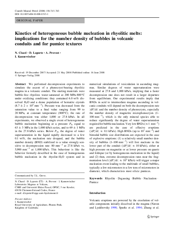 (PDF) Kinetics of heterogeneous bubble nucleation in rhyolitic melts ...