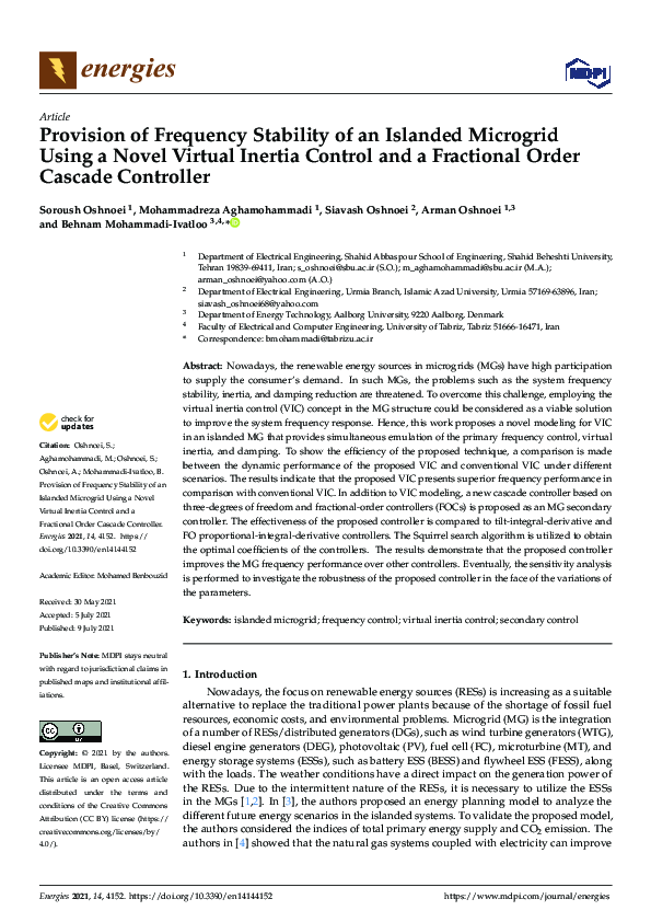 (PDF) Provision of Frequency Stability of an Islanded Microgrid Using a ...