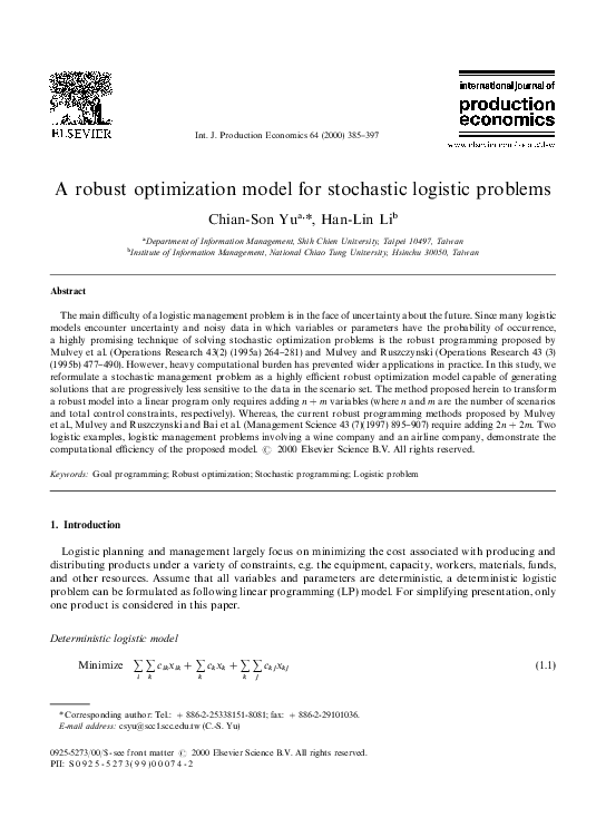 (PDF) A robust optimization model for stochastic logistic problems