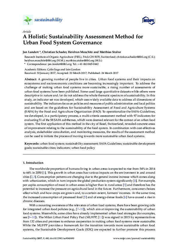 (PDF) A Holistic Sustainability Assessment Method for Urban Food System