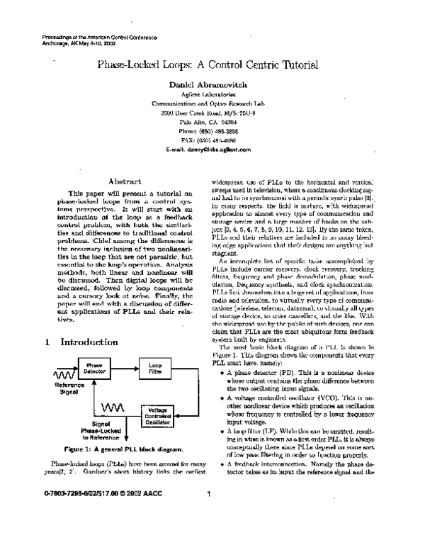(PDF) Phaselocked loops a control centric tutorial Daniel Abramovitch Academia.edu