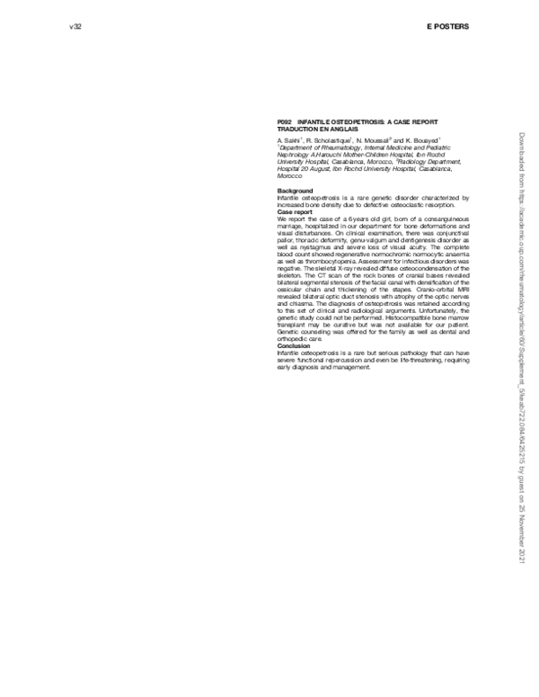 (PDF) P092 Infantile osteopetrosis a case report Traduction en Anglais