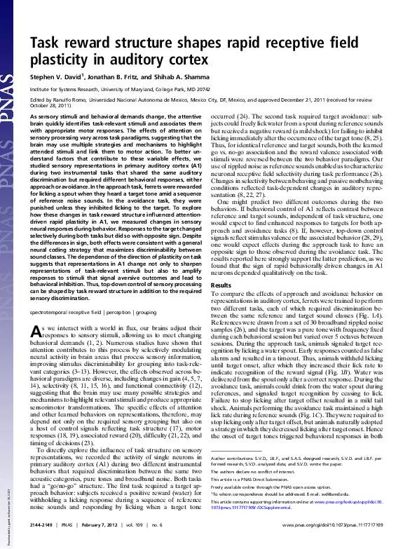 (PDF) Task reward structure shapes rapid receptive field plasticity in ...