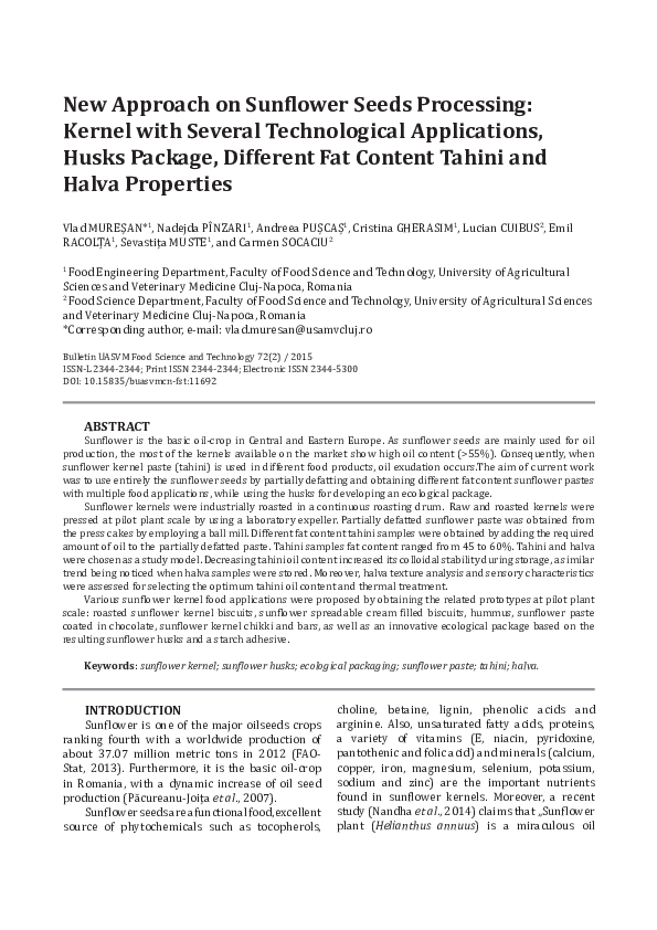 (PDF) New Approach on Sunflower Seeds Processing: Kernel with Several ...