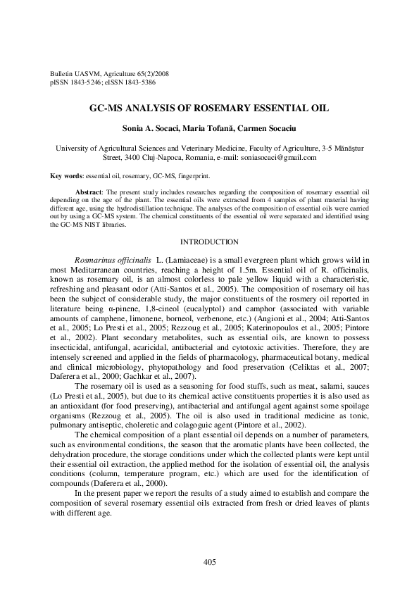 (PDF) GC-MS analysis of rosemary essential oil
