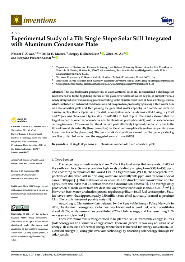 (PDF) Experimental Study of a Tilt Single Slope Solar Still Integrated ...
