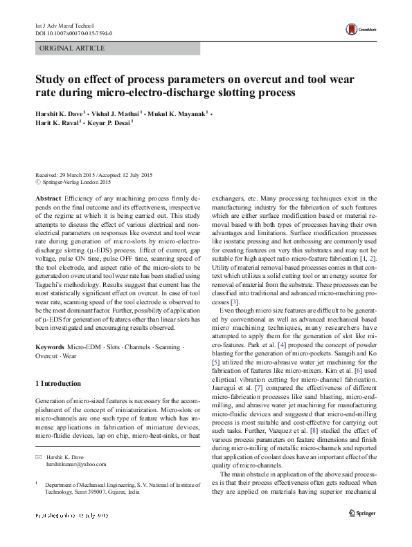 (PDF) Study on effect of process parameters on overcut and tool wear ...