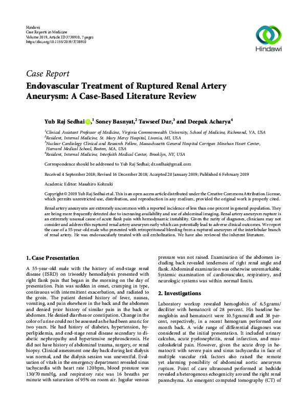 (PDF) Endovascular Treatment of Ruptured Renal Artery Aneurysm: A Case ...