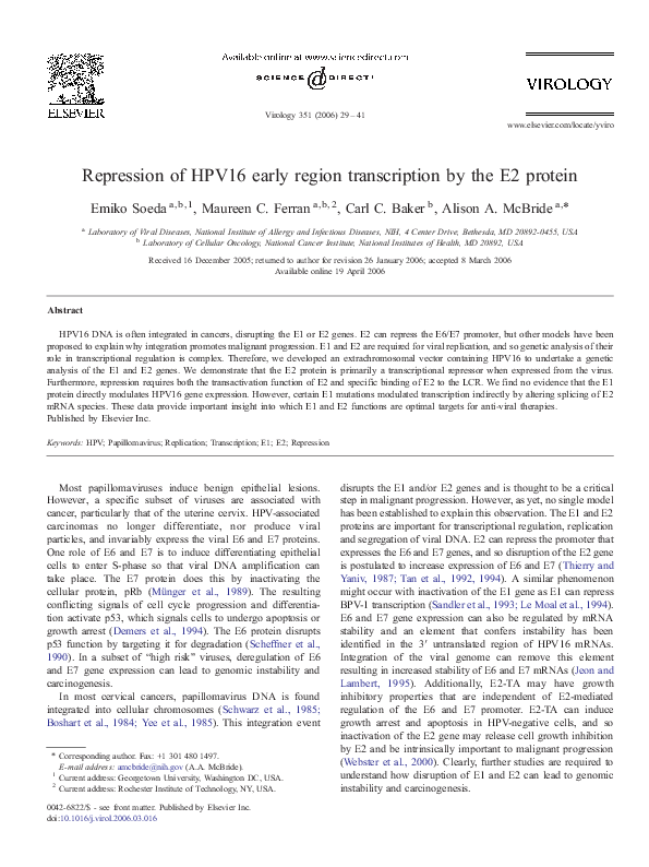 (PDF) Repression of HPV16 early region transcription by the E2 protein