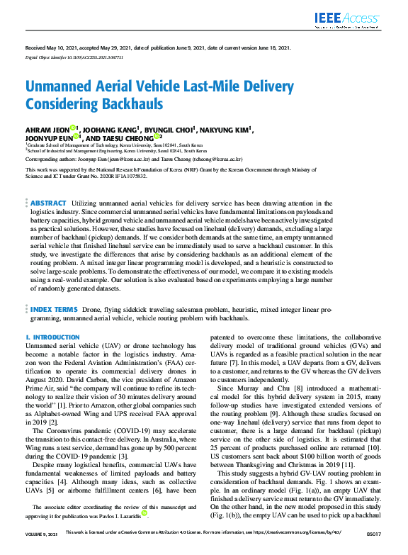 (PDF) Unmanned Aerial Vehicle LastMile Delivery Considering Backhauls