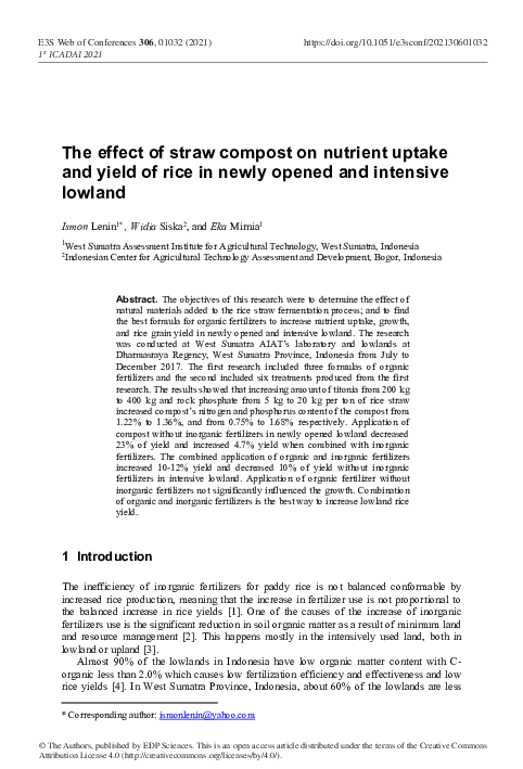 (PDF) The effect of straw compost on nutrient uptake and yield of rice ...