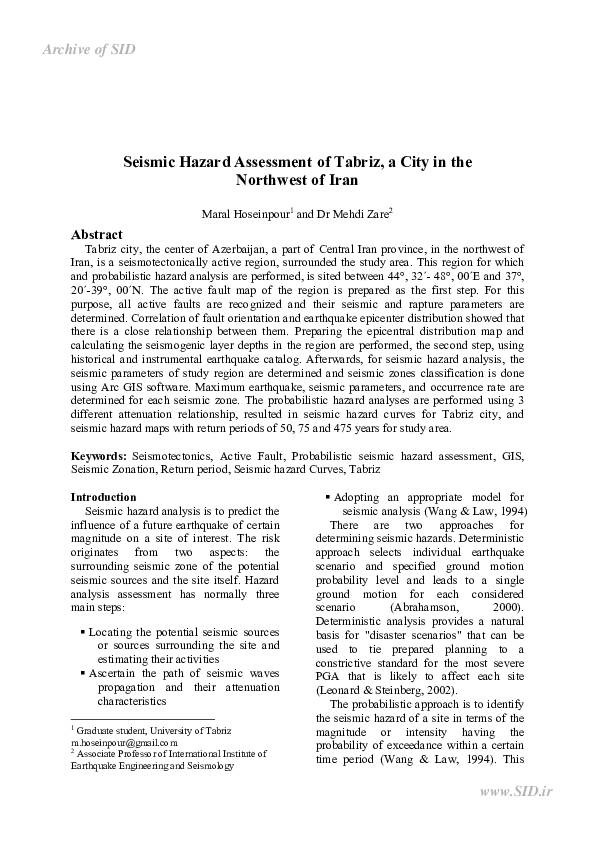 (PDF) Seismic Hazard Assessment of Tabriz, a City in the Northwest of Iran