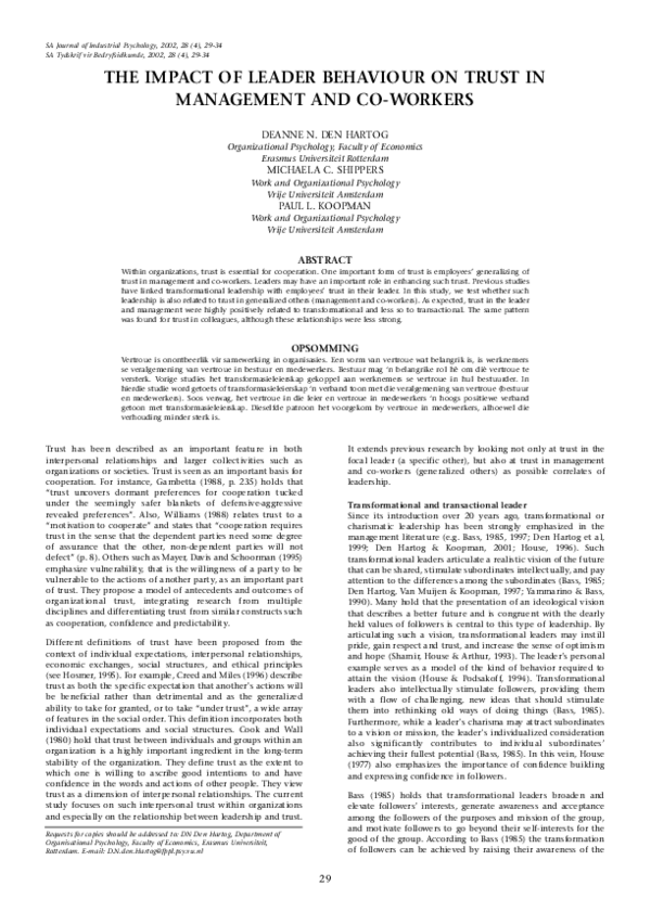 (PDF) The impact of leader behaviour on trust in management and co-workers