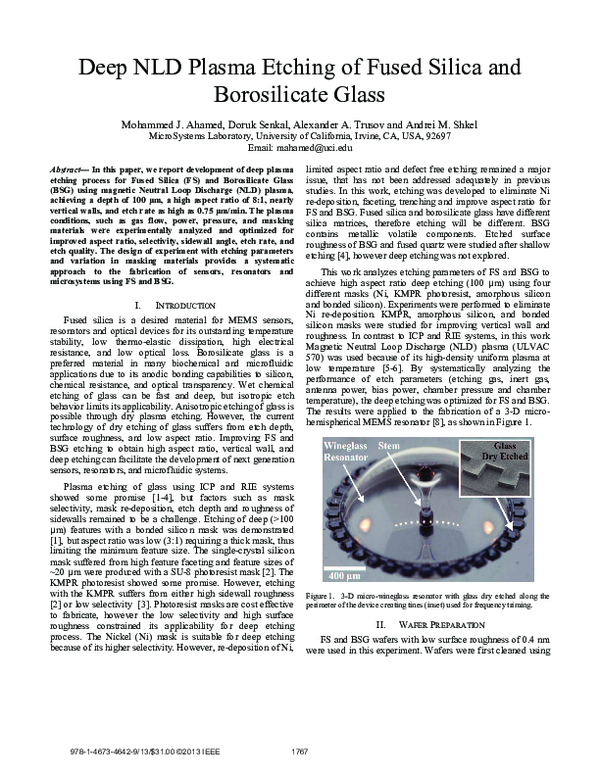 (PDF) Deep NLD plasma etching of Fused Silica and Borosilicate Glass