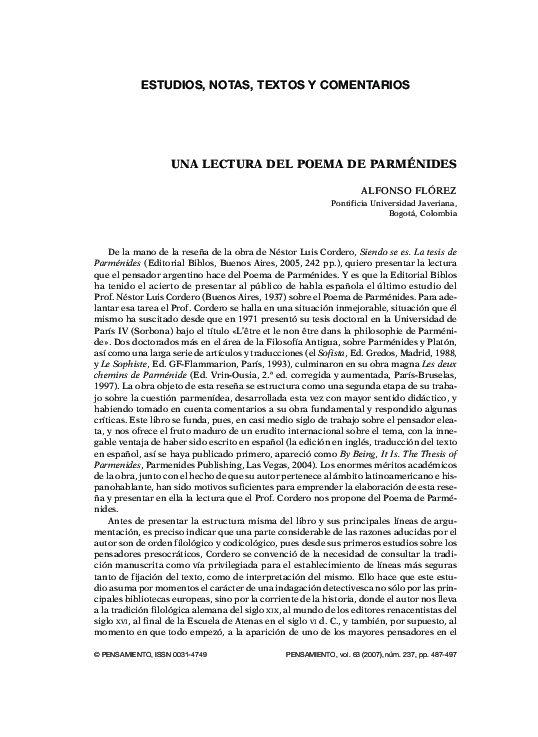 (PDF) Una lectura del poema de Parménides Alfonso Florez Academia.edu (PDF) Una lectura del poema de Parménides Alfonso Florez Academia.edu
